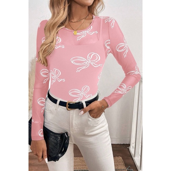 Tops - White Bow Mesh Long Sleeve
